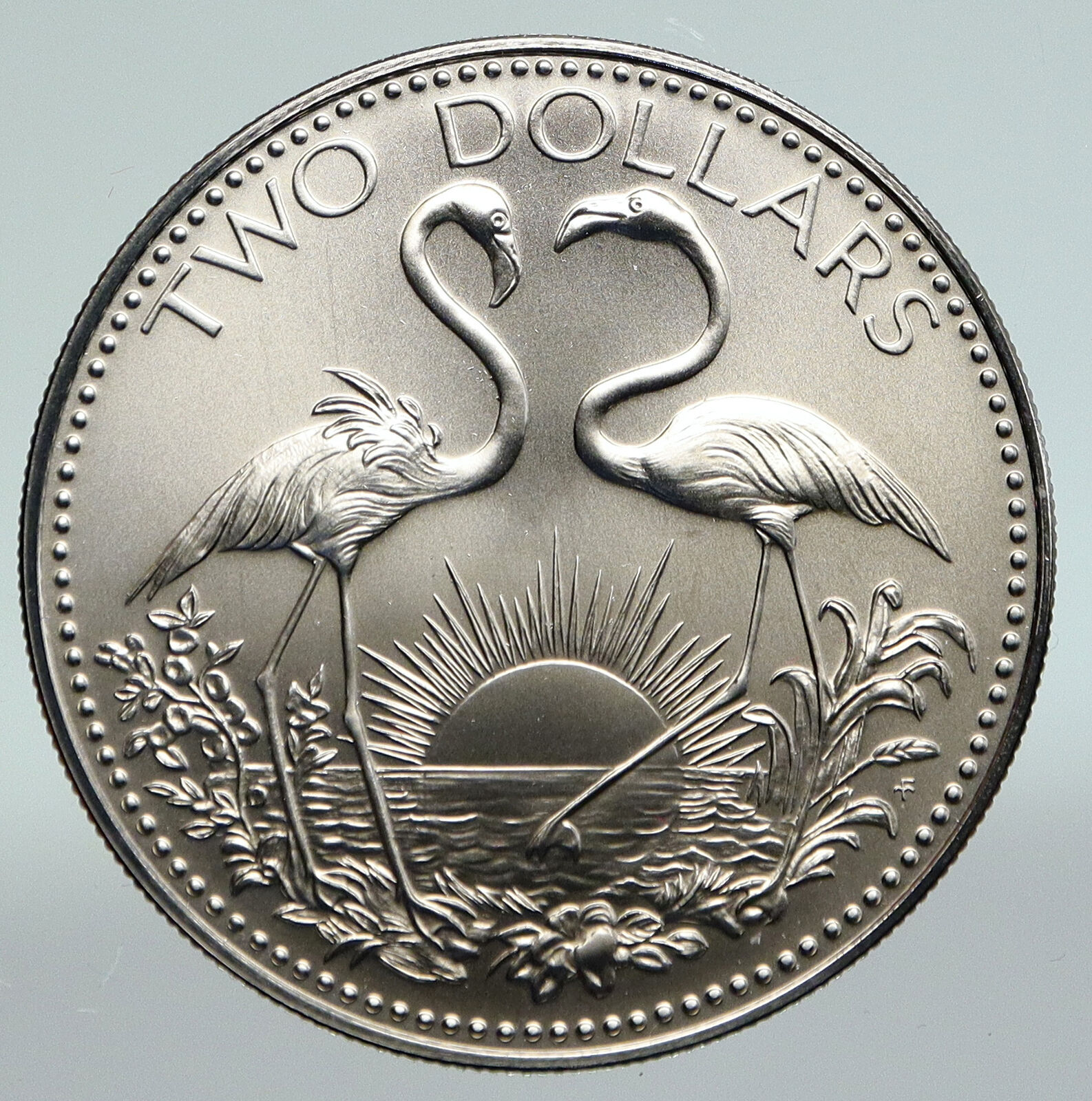 1974 The BAHAMAS Islands TWO FLAMINGOS Vintage OLD Silver 2 Dollar Coin i91071