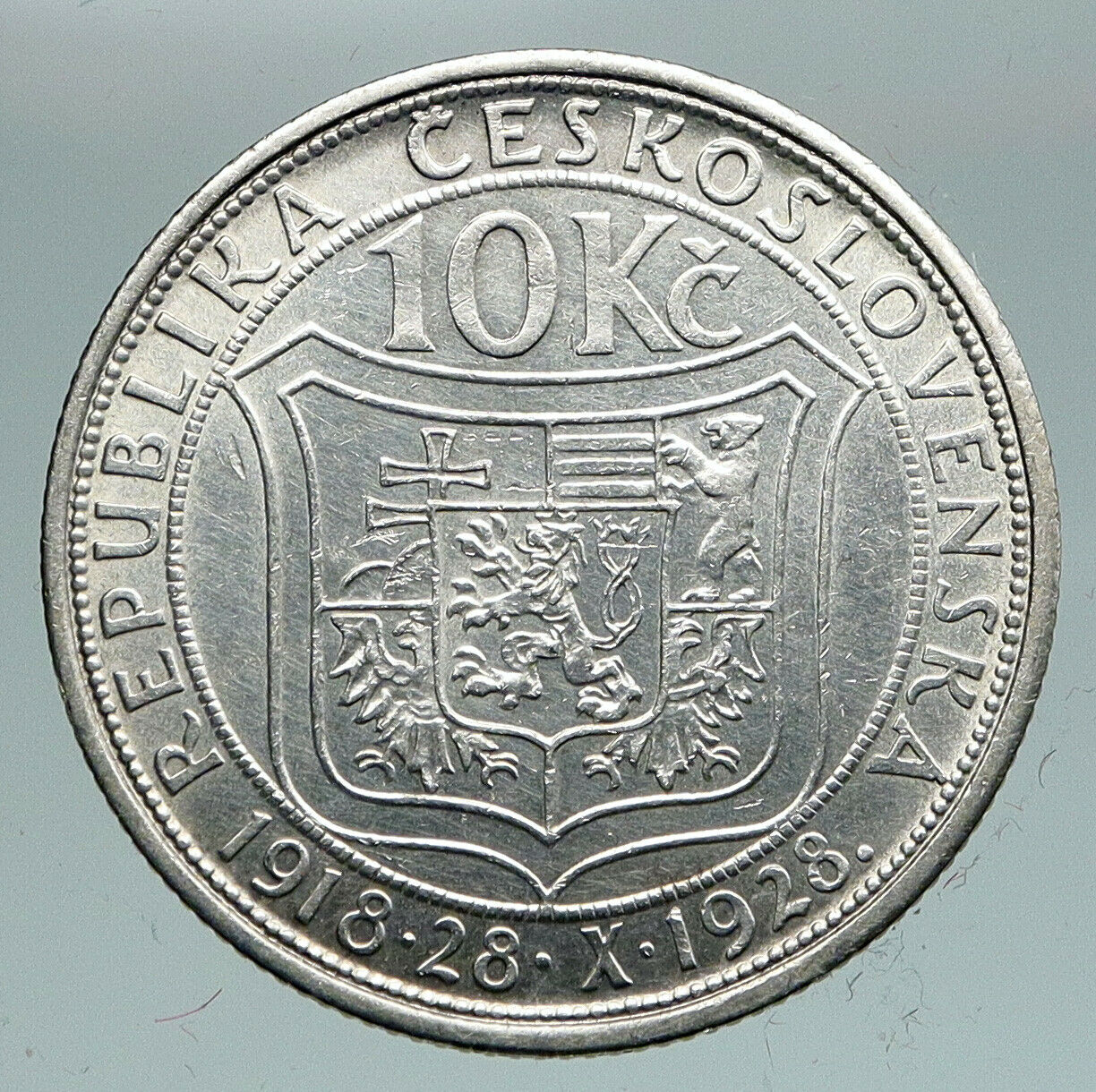 1928 CZECHOSLOVAKIA President Masaryk Genuine Silver 10 Korun Coin i91490