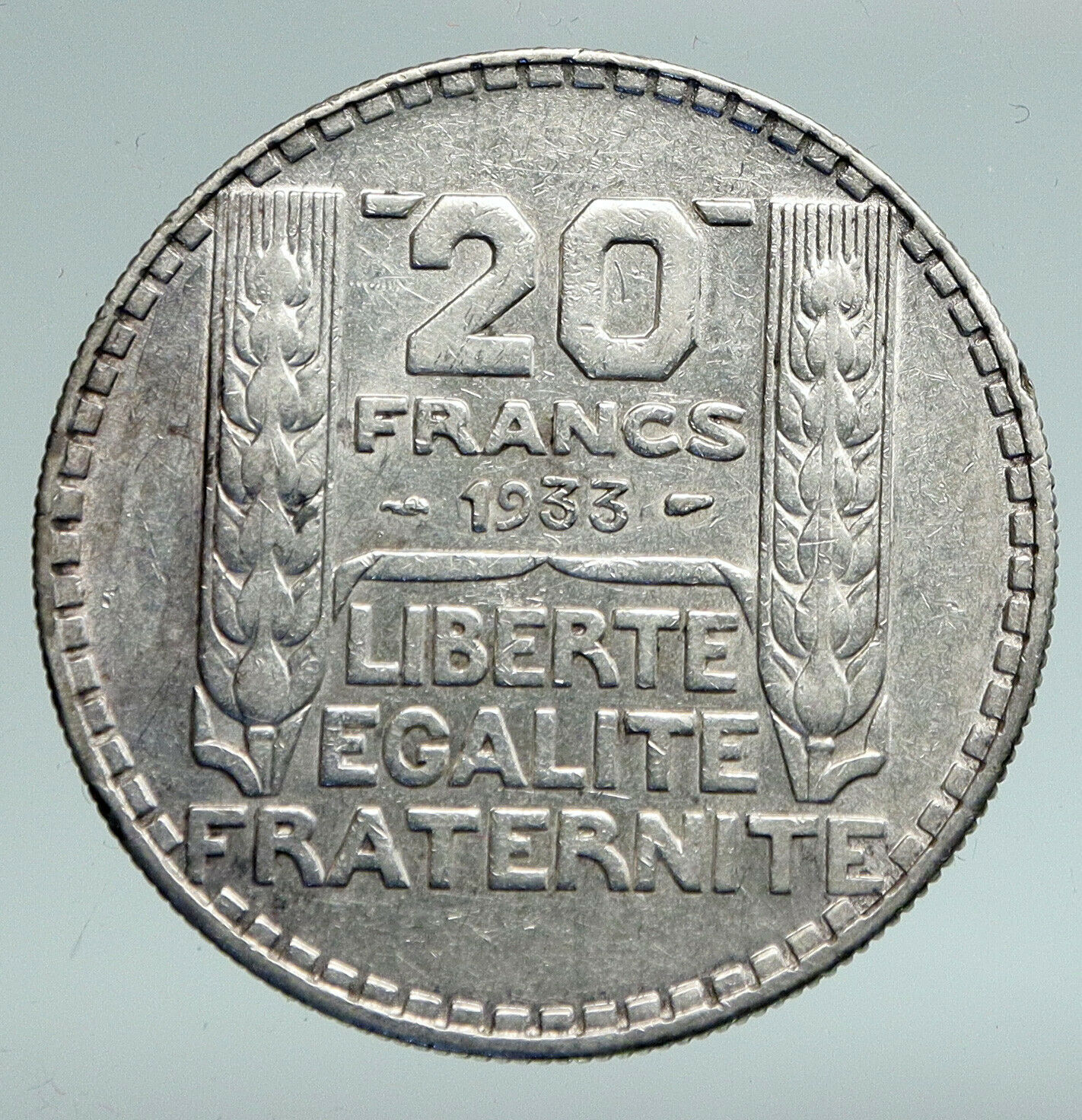 1933 FRANCE Authentic Large Silver 20 Francs Vintage French MOTTO Coin i91497