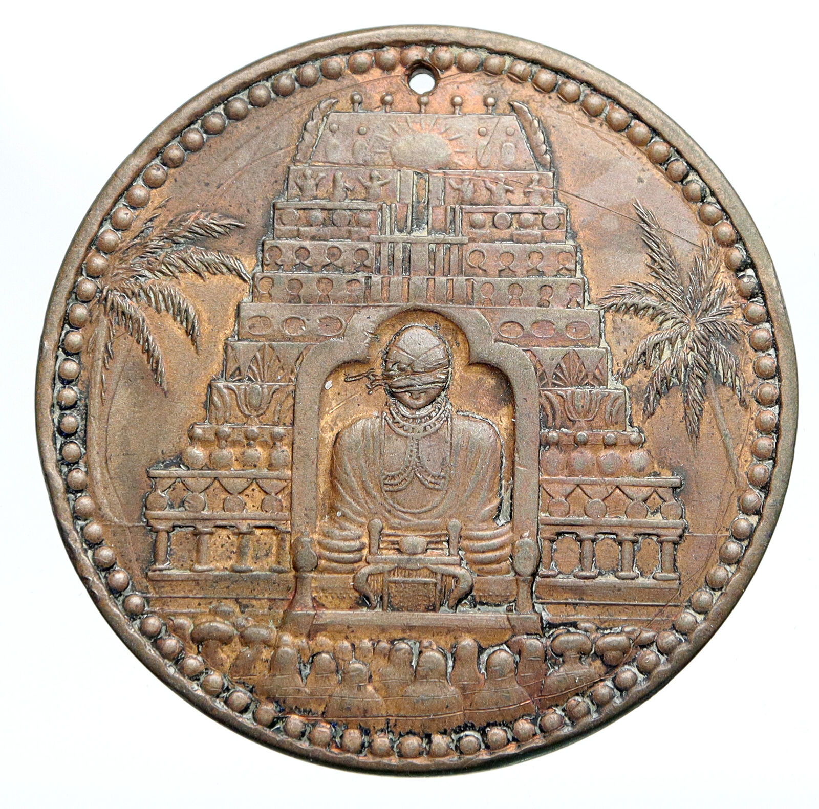 1900's THAILAND Monks and Pyramid Temple VINTAGE ANTIQUE Old Amulet Medal i90870