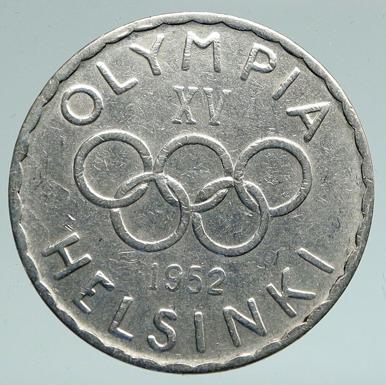 1952 FINLAND Summer Olympics Logo w Rings Genuine Silver 500 Markkaa Coin i91495