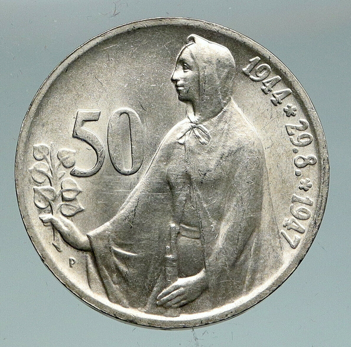 1947 CZECHOSLOVAKIA Czech Lion & Female VINTAGE OLD Silver 50 Korun Coin i91500