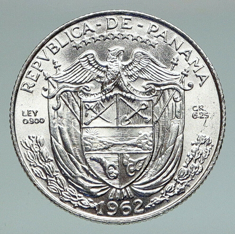 1962 PANAMA Antique Genuine Silver Spanish CONQUISTADOR 1/4 Balboa Coin i91250