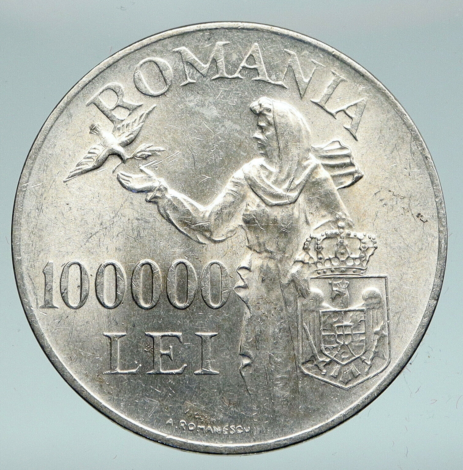 1946 ROMANIA Michael I Romanian Lady Bird Antique Silver 100000 Lei Coin i91474