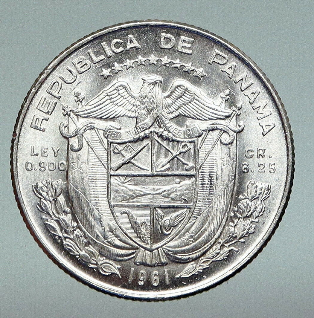 1961 PANAMA Antique VINTAGE Silver Spanish CONQUISTADOR 1/4 Balboa Coin i91251