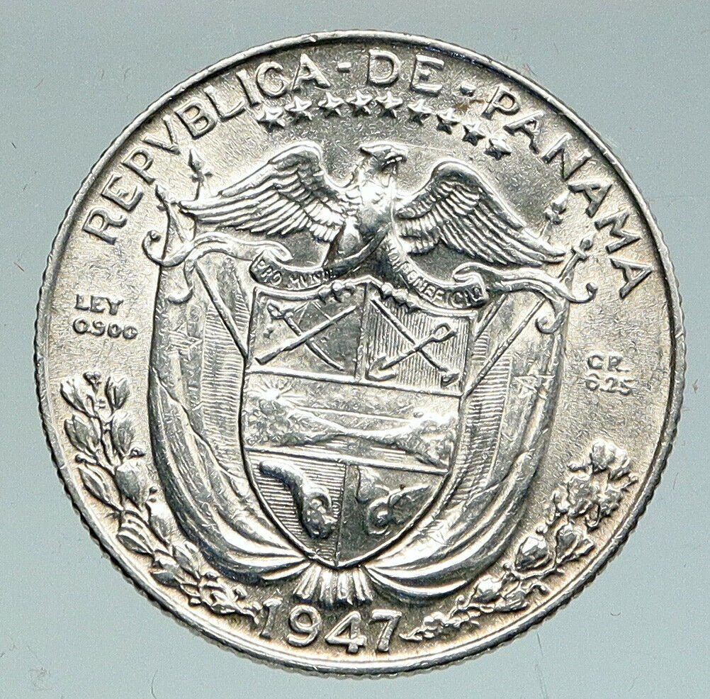 1947 PANAMA Antique VINTAGE Spanish CONQUISTADOR Silver 1/4 Balboa Coin i91578