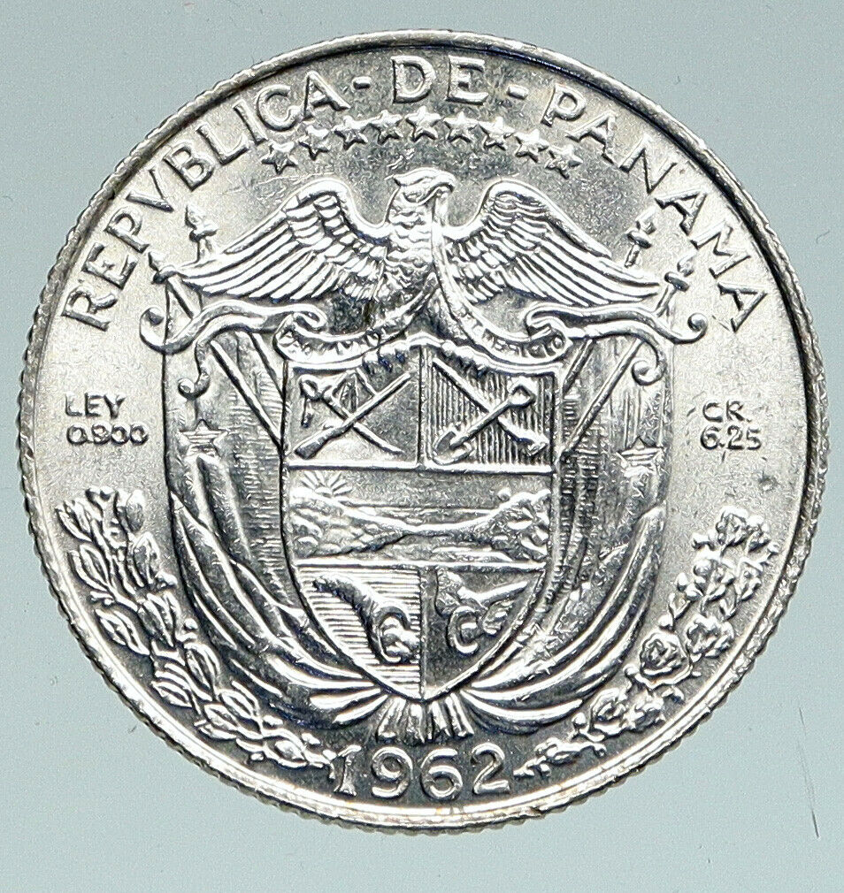 1962 PANAMA Antique VINTAGE Spanish CONQUISTADOR Silver 1/4 Balboa Coin i91545