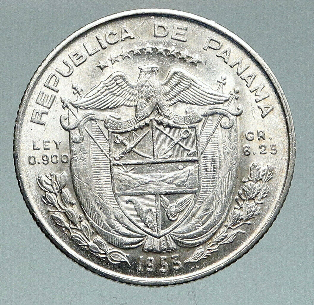 1953 PANAMA Antique VINTAGE Silver Spanish CONQUISTADOR 1/4 Balboa Coin i91581