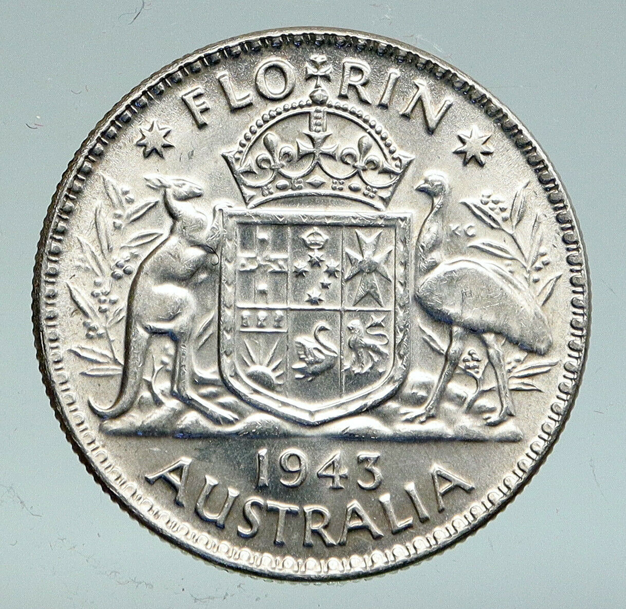 1943 AUSTRALIA Large King George VI Kangaroos Antique Silver Florin Coin i91579