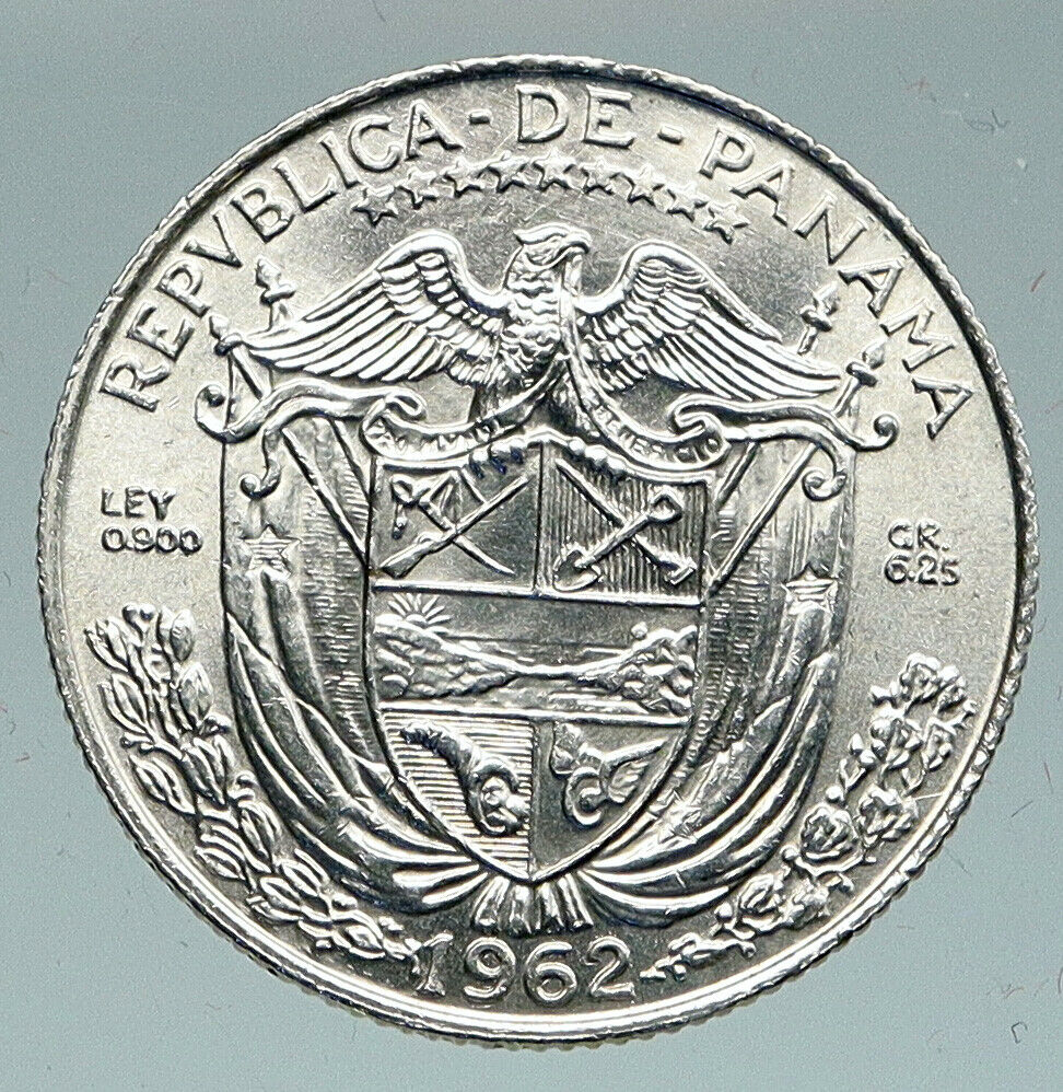 1962 PANAMA Antique VINTAGE Spanish CONQUISTADOR Silver 1/4 Balboa Coin i91484