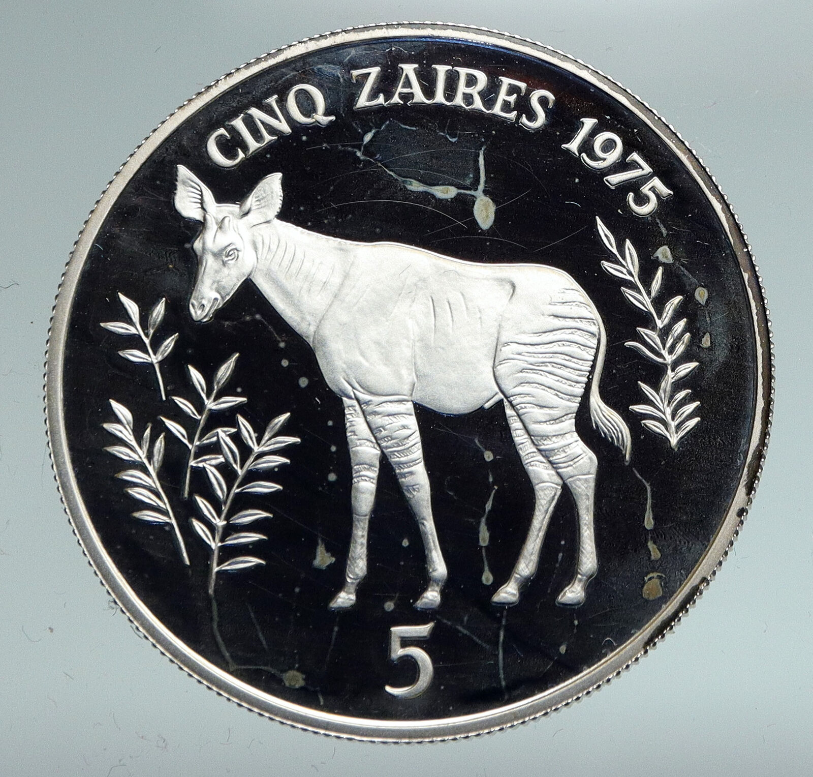 1975 ZAIRE CONGO Mobuto CONSERVATION Animal Proof Silver 5 Zaires Coin i91482