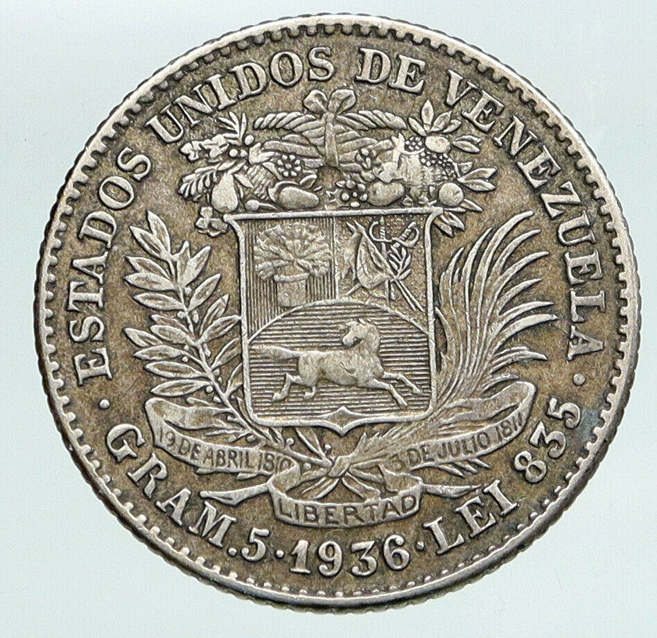 1936 Freemason President Simon Bolivar VENEZUELA Founder Silver 1Bol Coin i90990