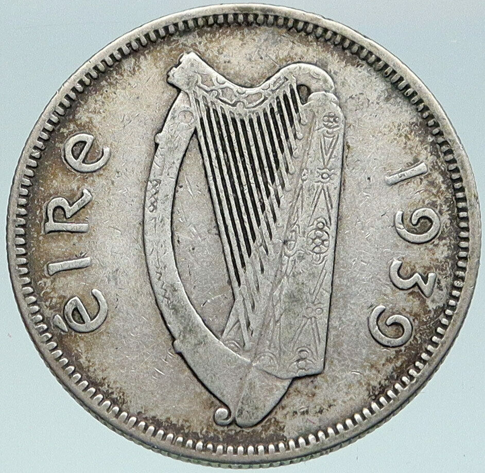 1939 IRELAND with BULL & LYRE HARP MUSIC Vintage IRISH OLD Shilling Coin i87320