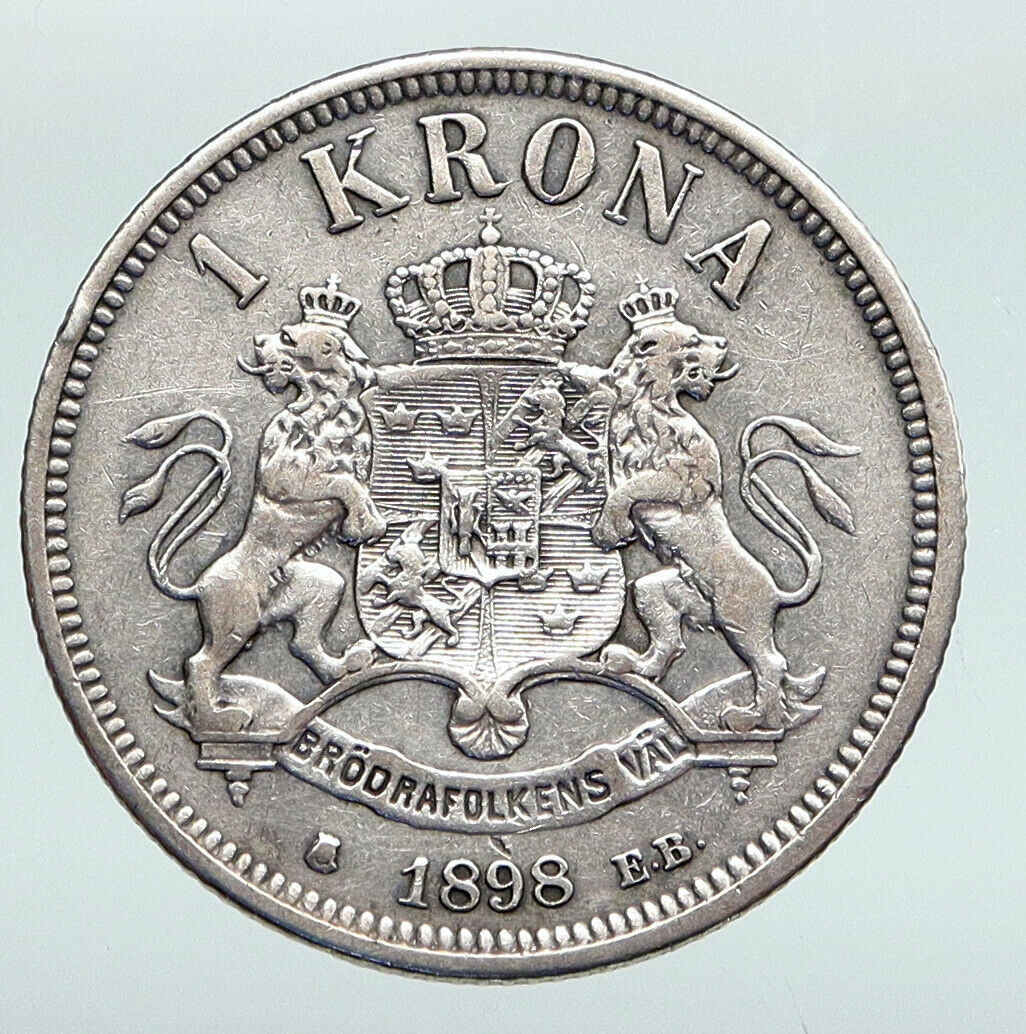 1898 SWEDEN King Oscar II Shield Old Antique Silver Krona SWEDISH Coin i90998