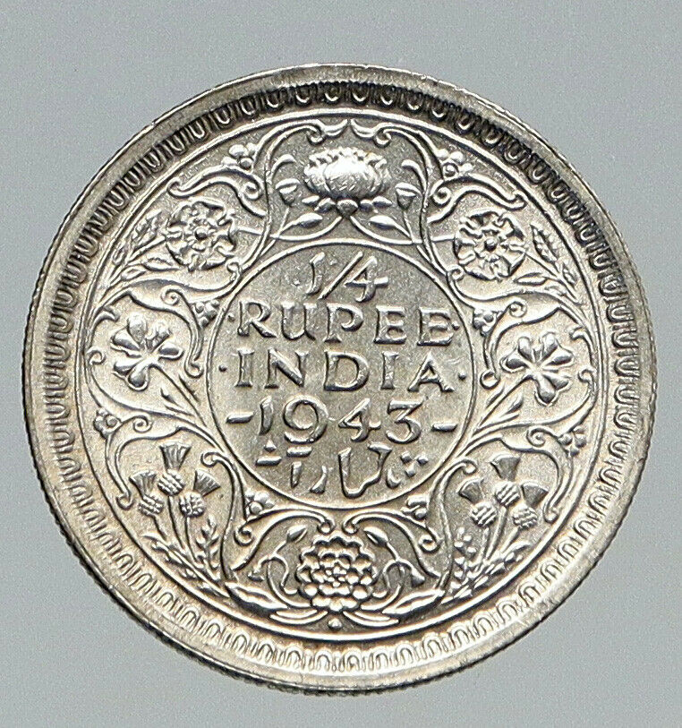 1943 INDIA UK States King George VI Genuine Silver 1/4 Rupee Indian Coin i91700