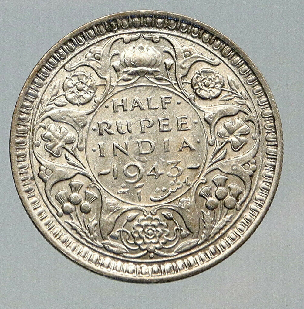 1943 B INDIA States UK George VI Antique OLD Silver 1/2 RUPEE Indian Coin i91706