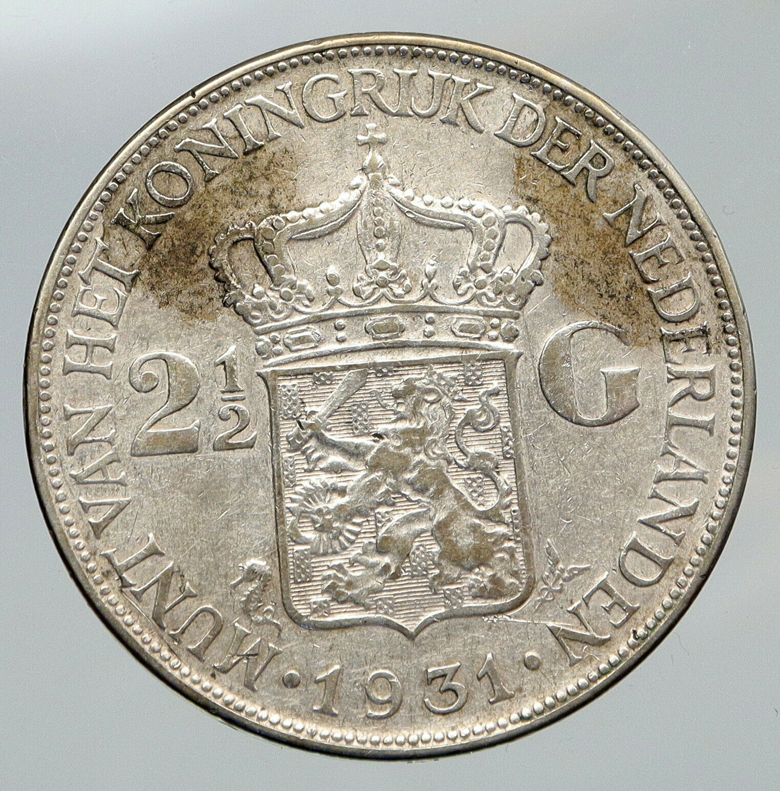 1931 NETHERLANDS Kingdom QUEEN WILHELMINA Old Silver 2 1/2 Gulden Coin i91718