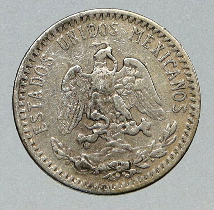 1919 MEXICO Pythagorian Cap of LIBERTY Antique 20 Centavos Silver Coin i91705