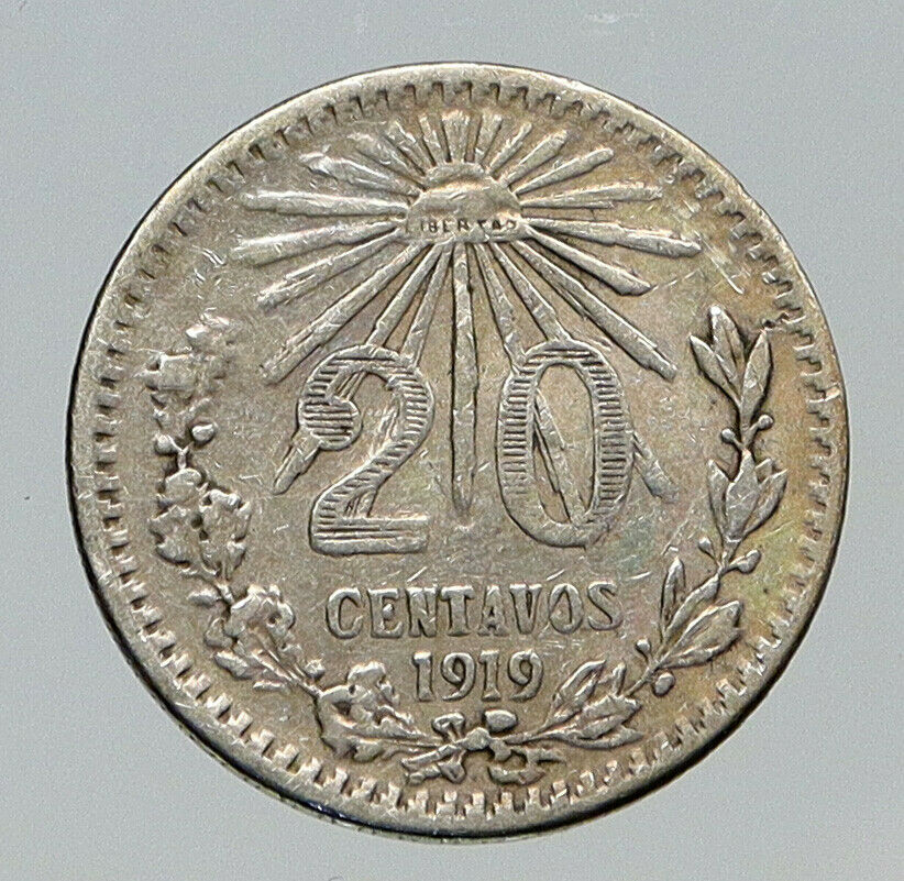 1919 MEXICO Pythagorian Cap of LIBERTY Antique 20 Centavos Silver Coin i91705