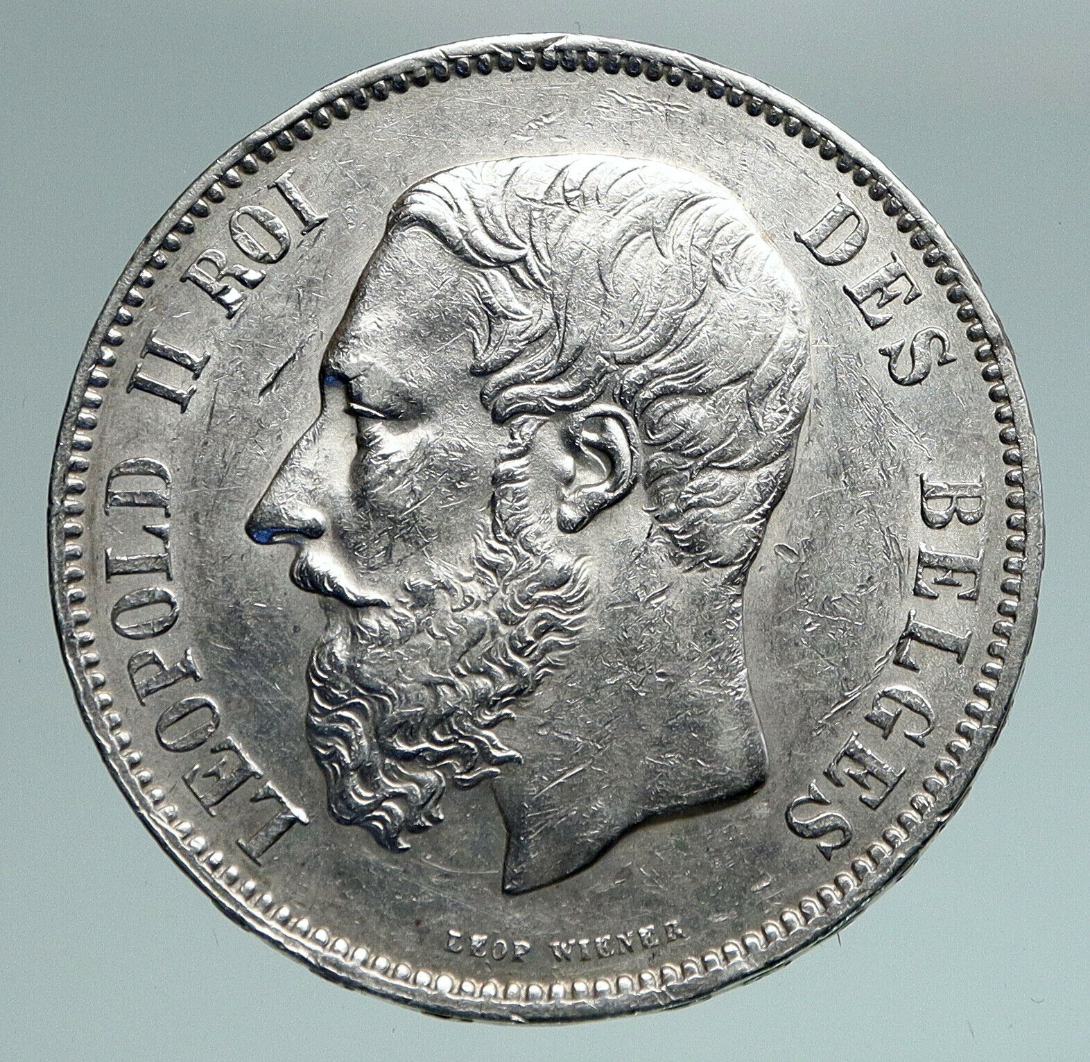 1873 BELGIUM with King LEOPOLD II and LION Genuine Silver 5 Francs Coin i90971