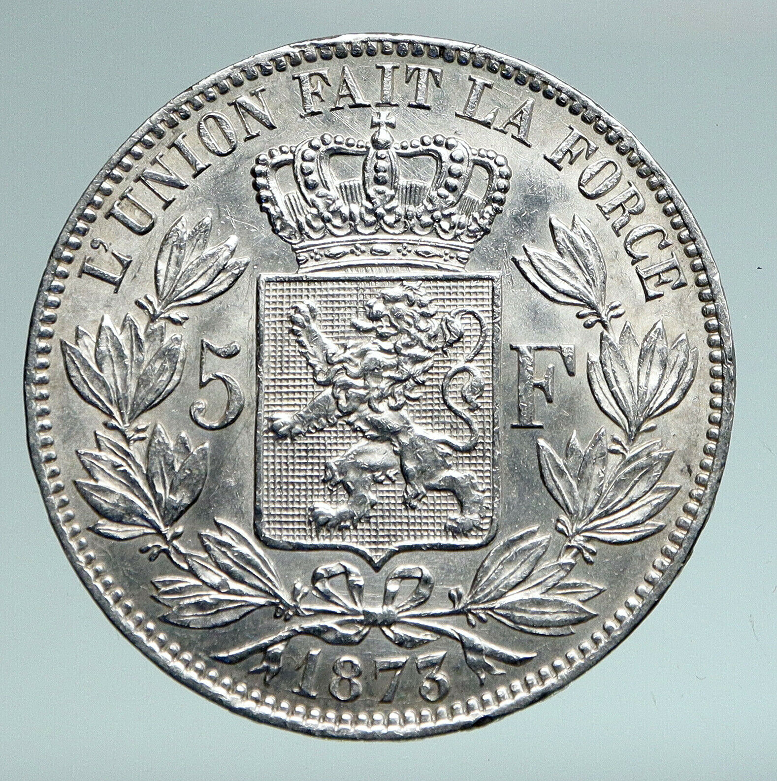 1873 BELGIUM with King LEOPOLD II and LION Genuine Silver 5 Francs Coin i90971