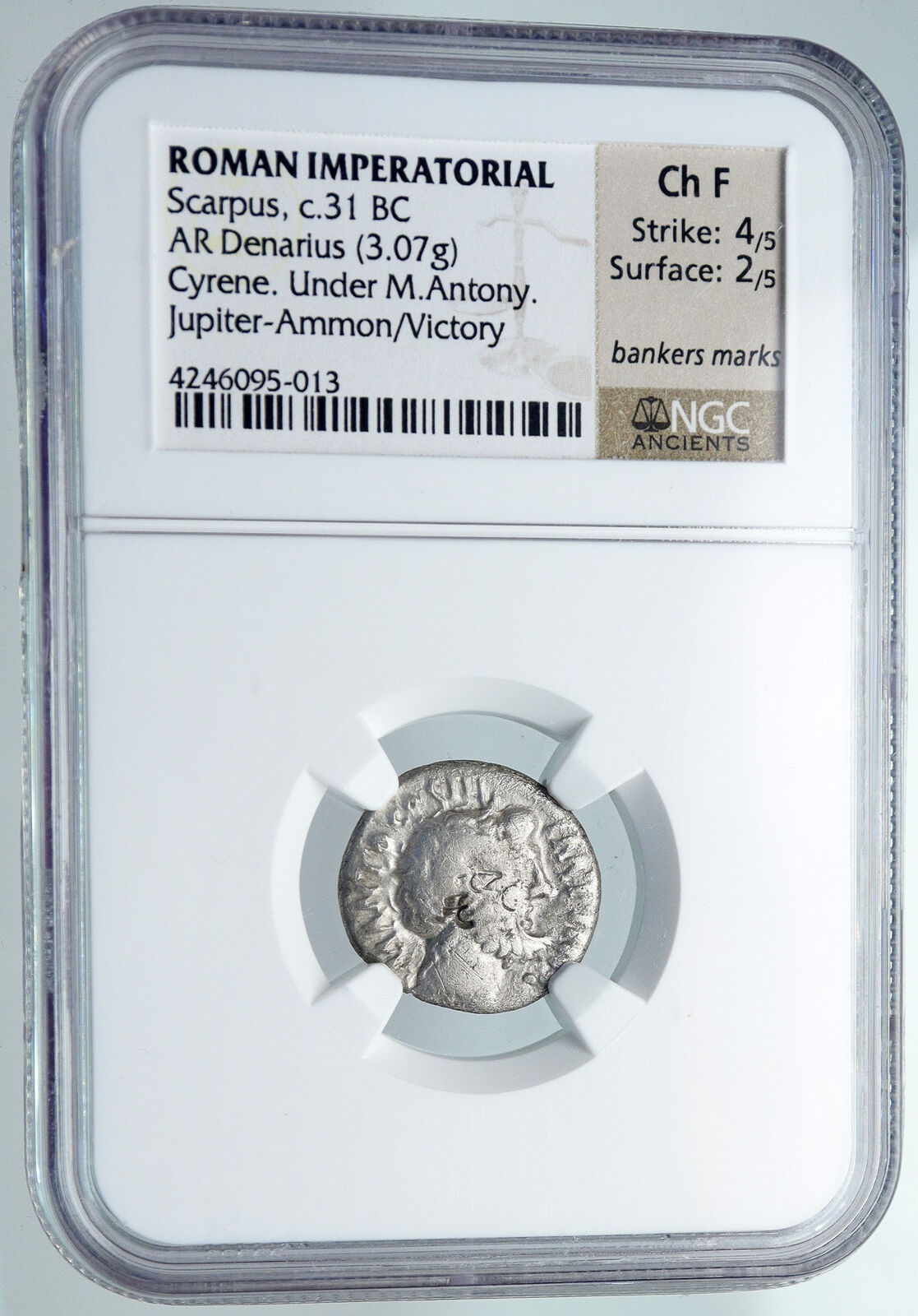 MARK ANTONY 31BC Scarpus Antique Ancient Silver Roman DENARIUS Coin NGC i91308