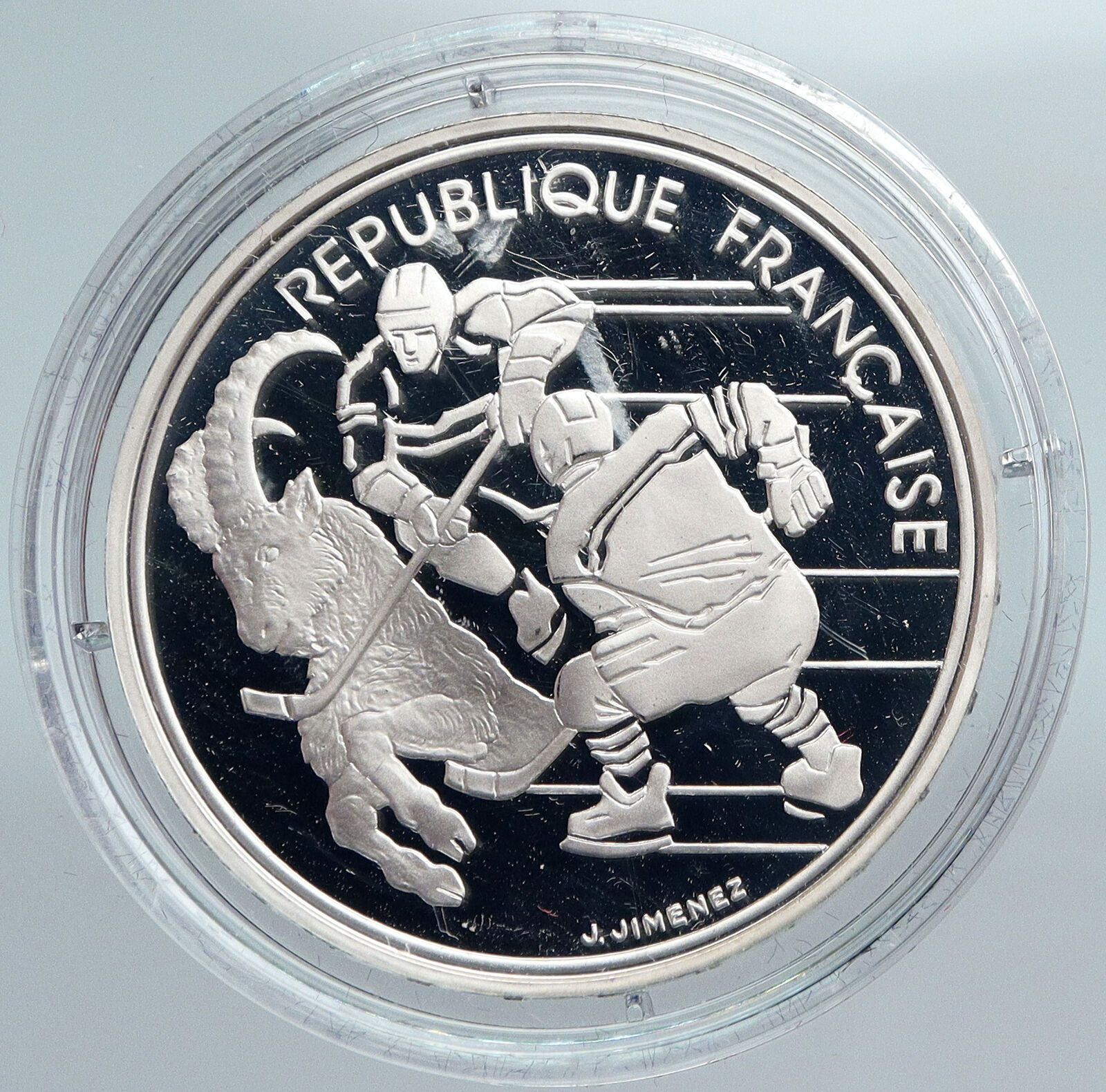 1991 FRANCE Hockey Goat 1992 Olympics OLD Proof Silver 100 Francs Coin i89939