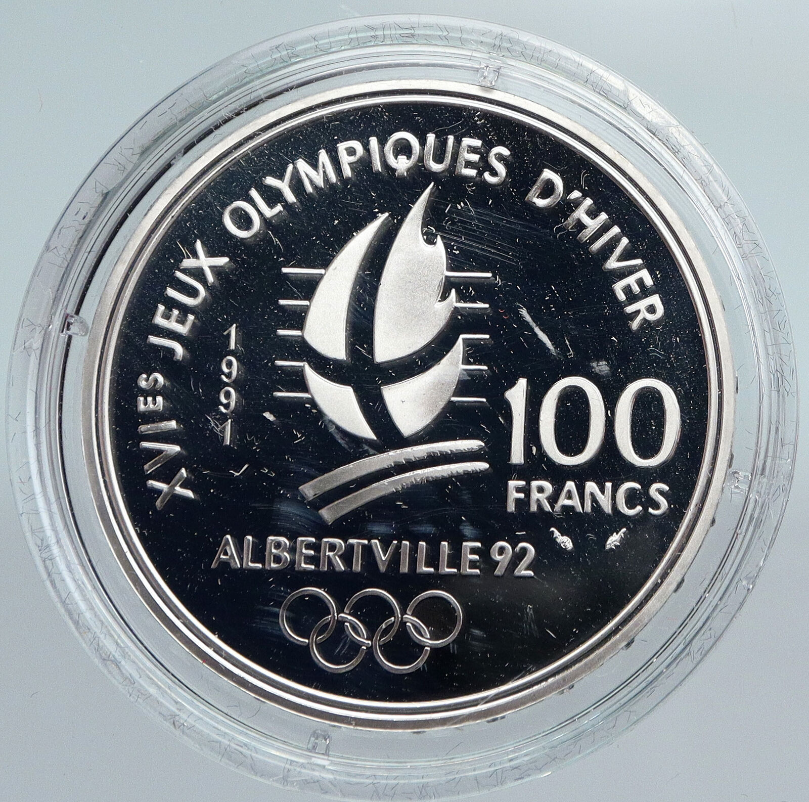 1991 FRANCE Hockey Goat 1992 Olympics OLD Proof Silver 100 Francs Coin i89939