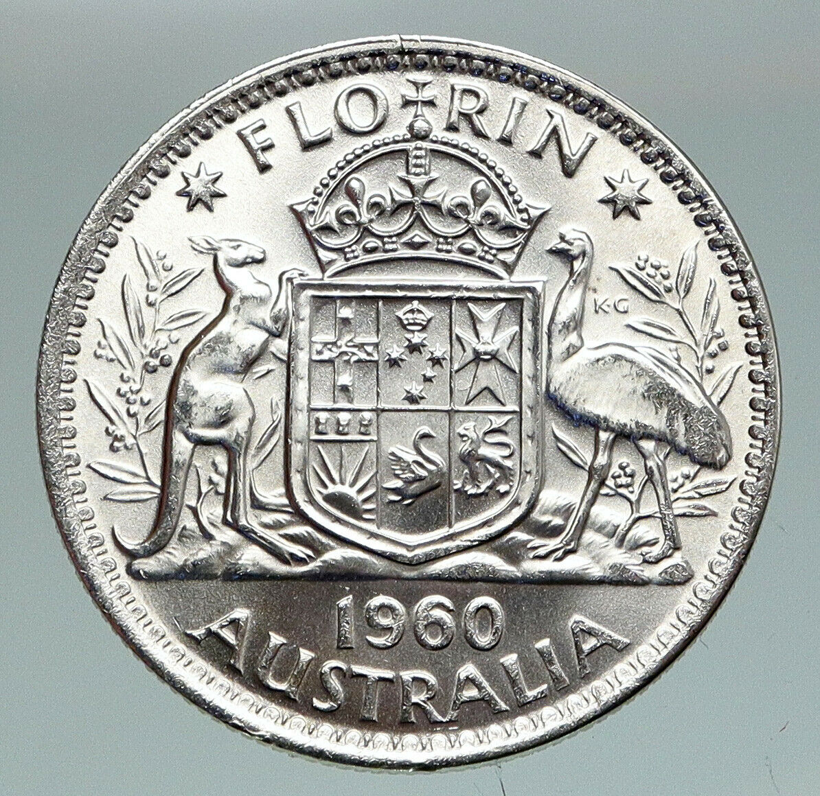 1960 AUSTRALIA - UK Queen Elizabeth II SILVER FLORIN Coat-of-Arms Coin i91156