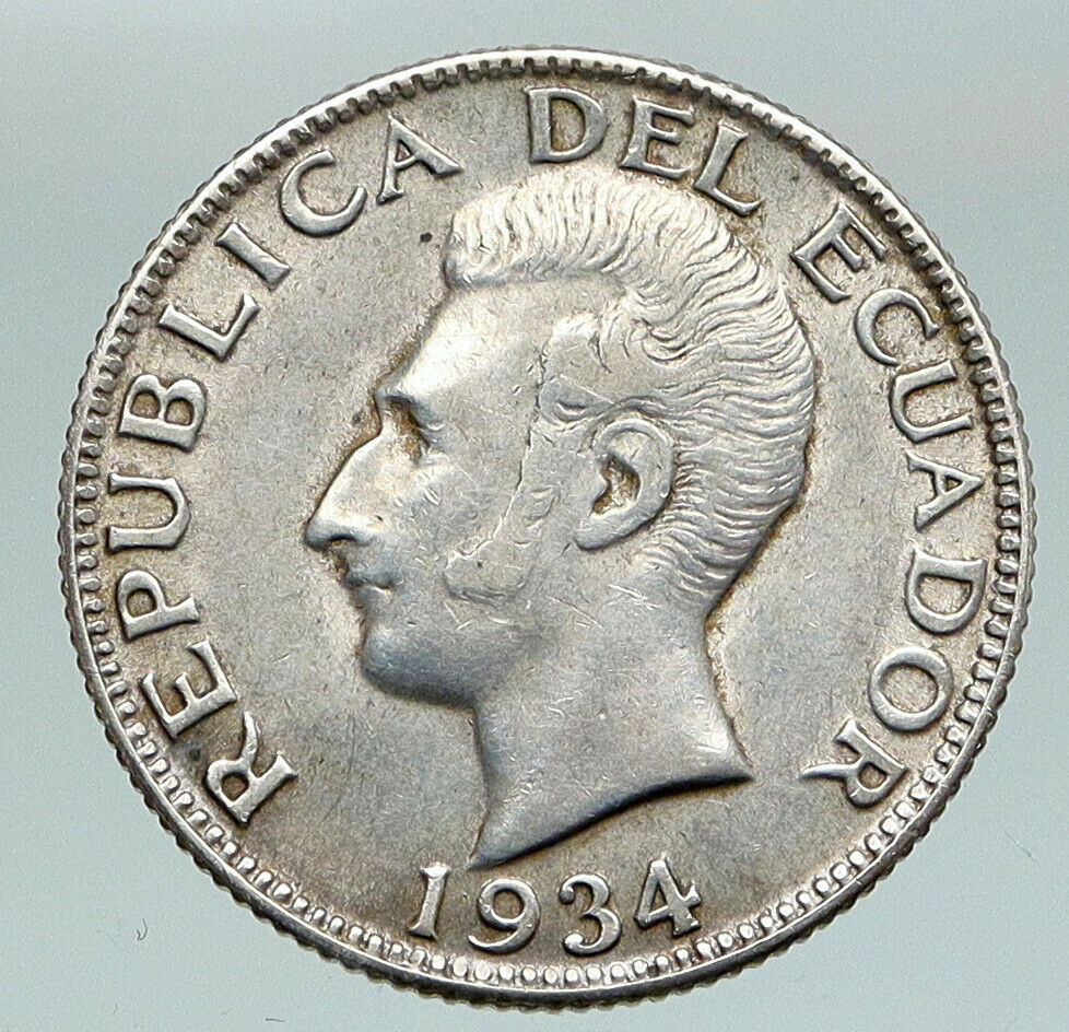 1934 ECUADOR Antonio Jose de Sucre y Alcala Antique Silver Un Sucre Coin i91160