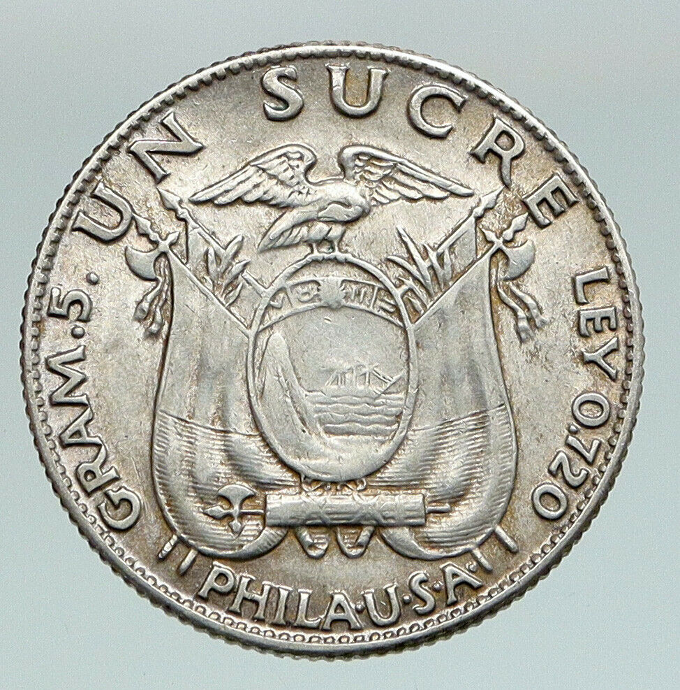 1934 ECUADOR Antonio Jose de Sucre y Alcala Antique Silver Un Sucre Coin i91160