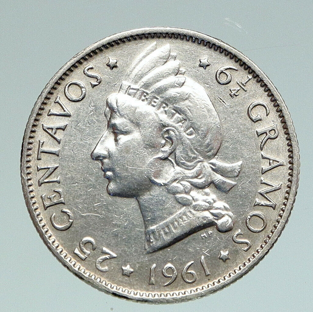 1961 DOMINICAN REPUBLIC Woman of Liberty ANTIQUE Silver 25 Centavos Coin i91161