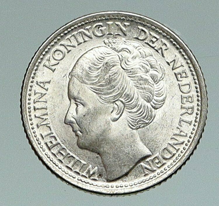 1944 Netherlands Queen WILHELMINA 10 Cents Wreath VINTAGE Silver Coin i91164