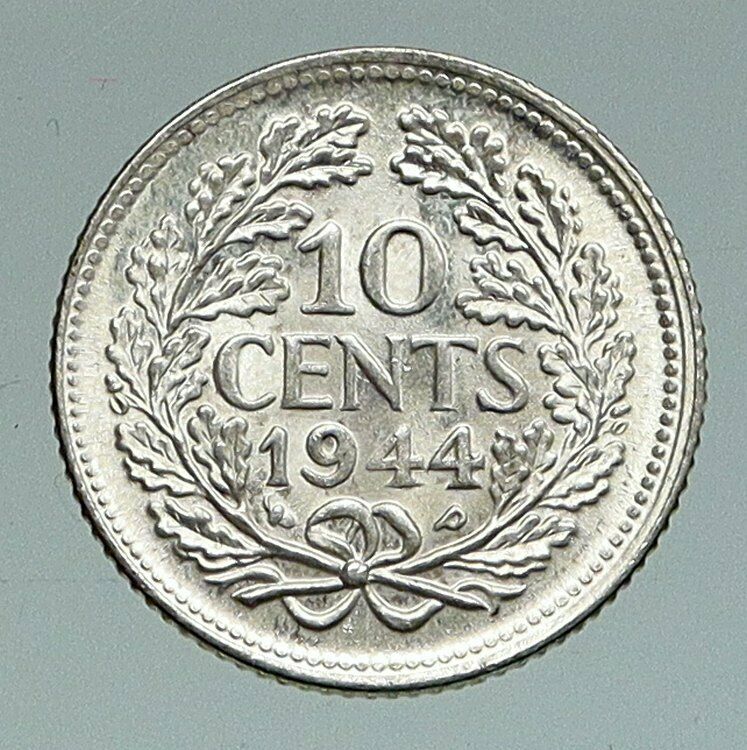 1944 Netherlands Queen WILHELMINA 10 Cents Wreath VINTAGE Silver Coin i91164