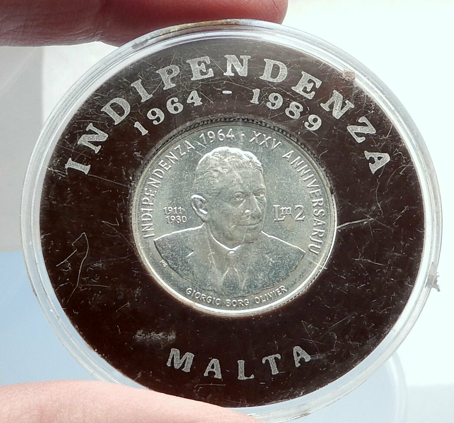 1989 MALTA Independence Prime Minister GIORGIO BORG OLIVIER Silver Coin i74064