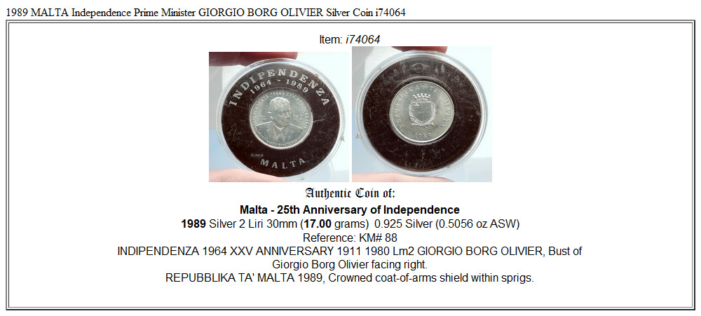 1989 MALTA Independence Prime Minister GIORGIO BORG OLIVIER Silver Coin i74064