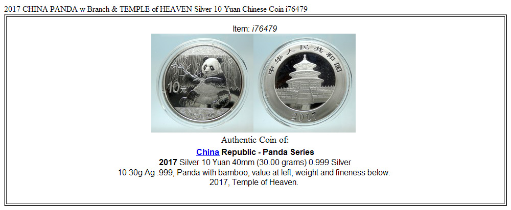 2017 CHINA PANDA w Branch & TEMPLE of HEAVEN Silver 10 Yuan Chinese Coin i76479