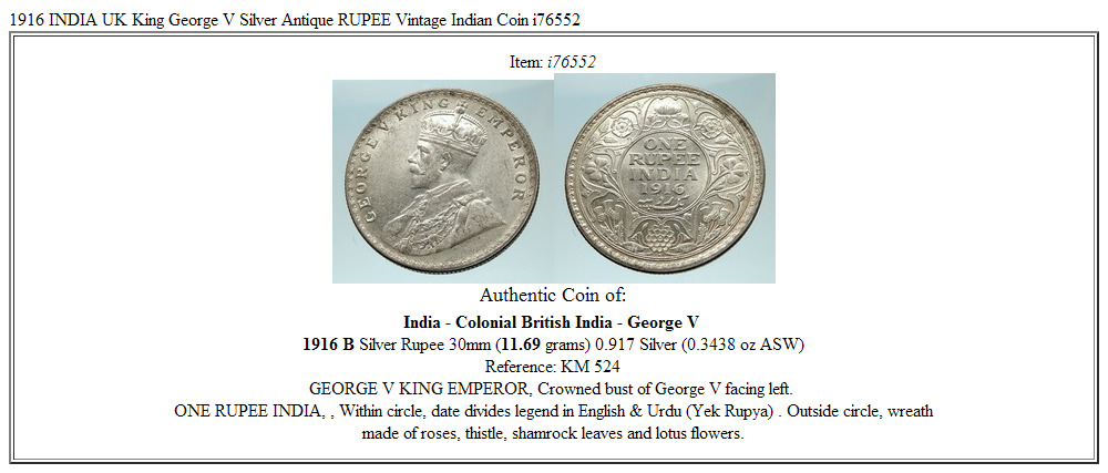 1916 INDIA UK King George V Silver Antique RUPEE Vintage Indian Coin i76552