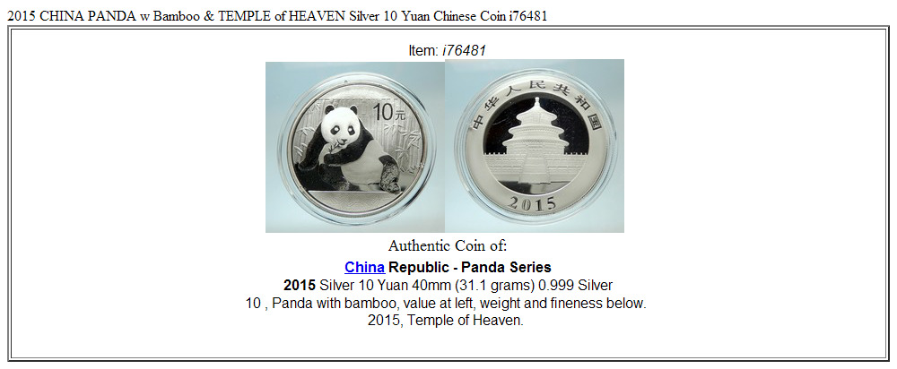 2015 CHINA PANDA w Bamboo & TEMPLE of HEAVEN Silver 10 Yuan Chinese Coin i76481