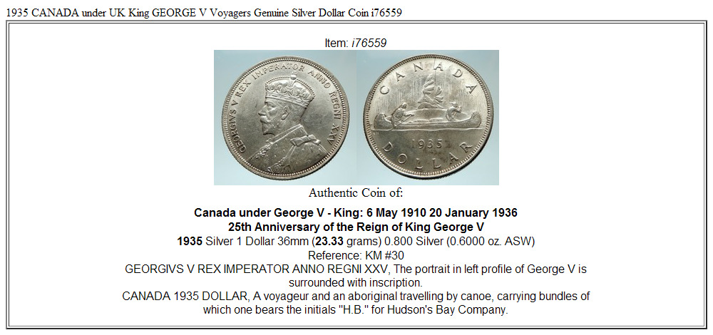 1935 CANADA under UK King GEORGE V Voyagers Genuine Silver Dollar Coin i76559