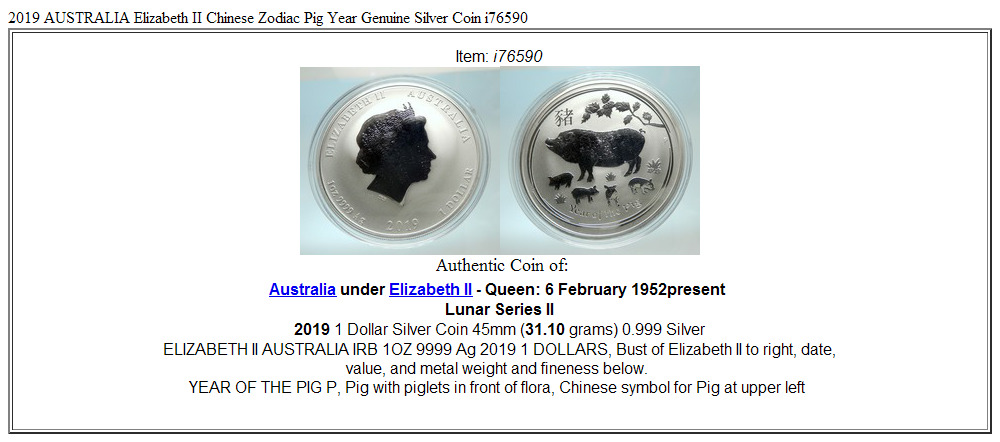 2019 AUSTRALIA Elizabeth II Chinese Zodiac Pig Year Genuine Silver Coin i76590