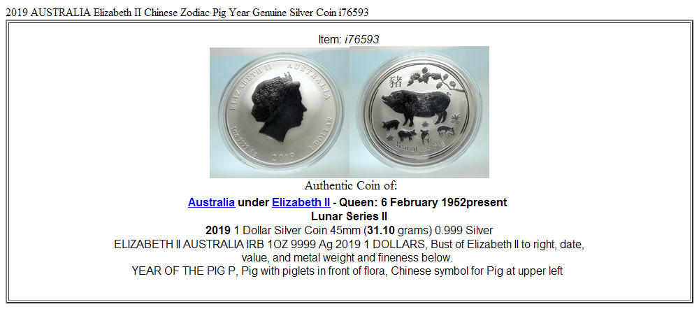 2019 AUSTRALIA Elizabeth II Chinese Zodiac Pig Year Genuine Silver Coin i76593