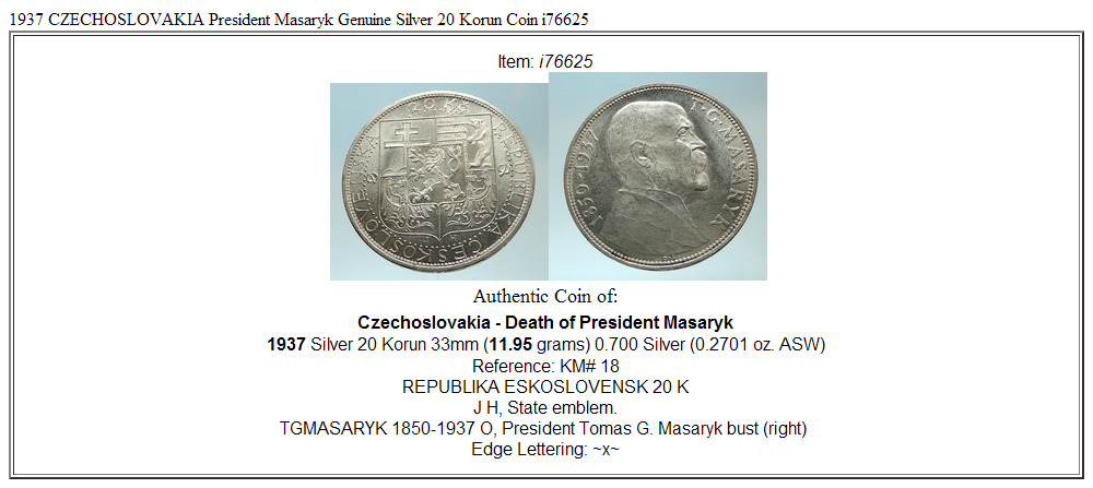 1937 CZECHOSLOVAKIA President Masaryk Genuine Silver 20 Korun Coin i76625