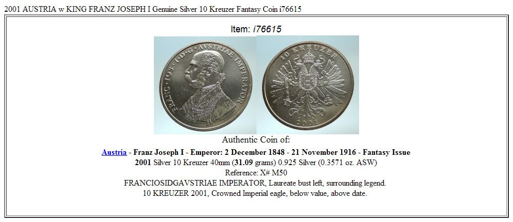 2001 AUSTRIA w KING FRANZ JOSEPH I Genuine Silver 10 Kreuzer Fantasy Coin i76615