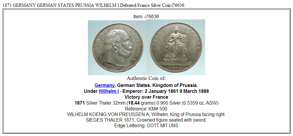 1871 GERMANY GERMAN STATES PRUSSIA WILHELM I Defeated France Silver Coin i76636