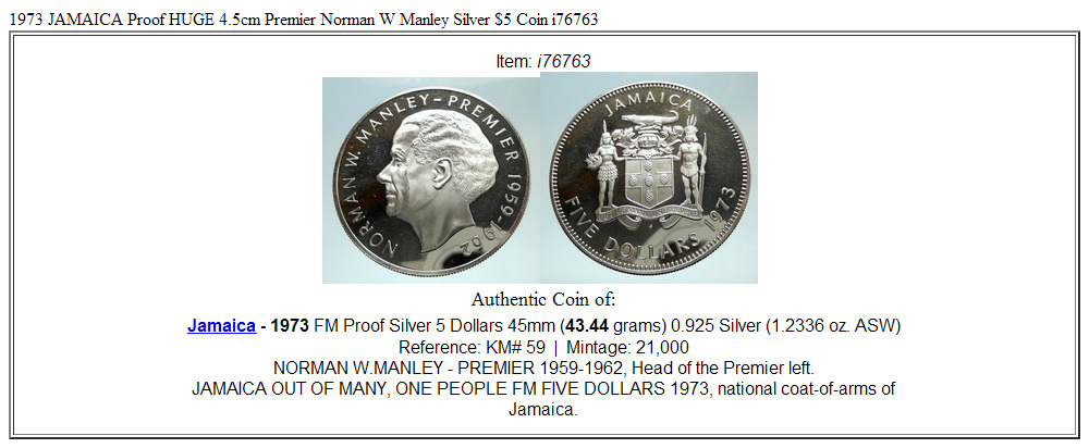 1973 JAMAICA Proof HUGE 4.5cm Premier Norman W Manley Silver $5 Coin i76763