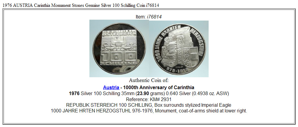 1976 AUSTRIA Carinthia Monument Stones Genuine Silver 100 Schilling Coin i76814