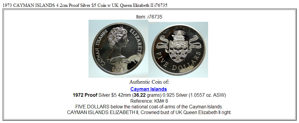 1972 CAYMAN ISLANDS 4.2cm Proof Silver $5 Coin w UK Queen Elizabeth II i76735