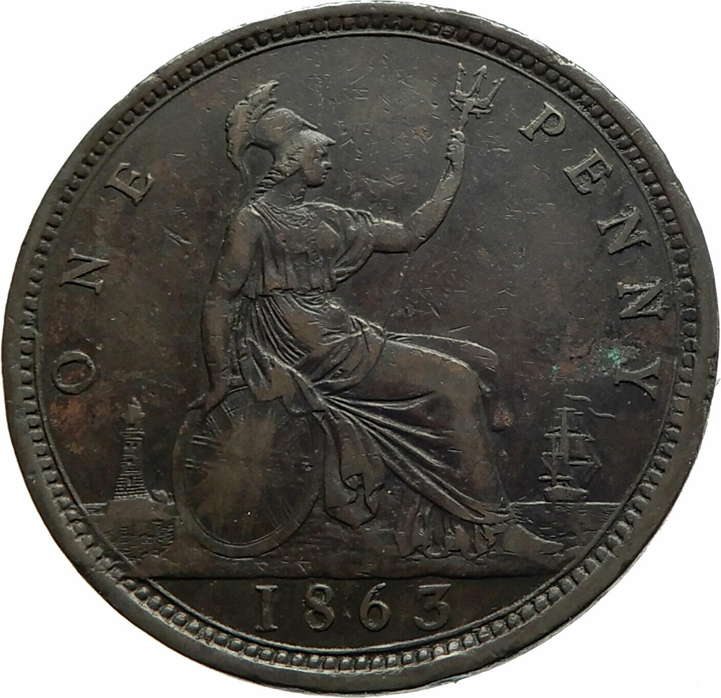 1863 UK Great Britain United Kingdom QUEEN VICTORIA Genuine Penny Coin i76766