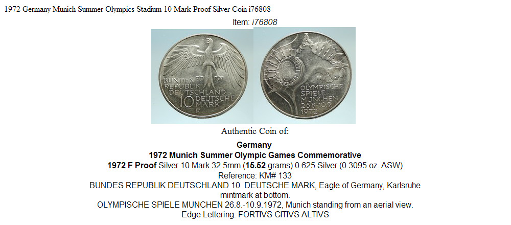 1972 Germany Munich Summer Olympics Stadium 10 Mark Proof Silver Coin i76808